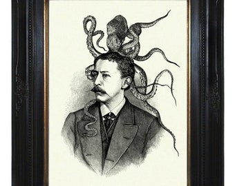 Ritratto di gentiluomo vittoriano tentacoli di polpo Kraken cappello di calamaro Cthulhu - Stampa artistica ritratto Steampunk Poster vintage