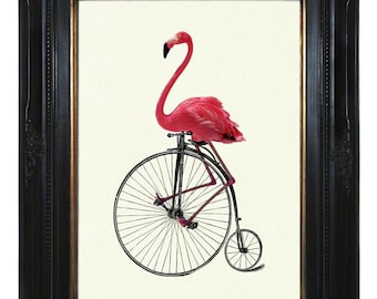 Pink Flamingo Bird Art Print riding Bike Unicycle Penny Farthing - Victorian Steampunk Poster Decoration Nursery Shabby Chic