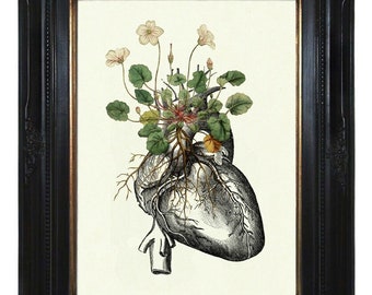 Flores que crecen en el corazón anatómico Dark Academia Love - Día de San Valentín Halloween gótico victoriano Steampunk Arte Impresión Decoración botánica