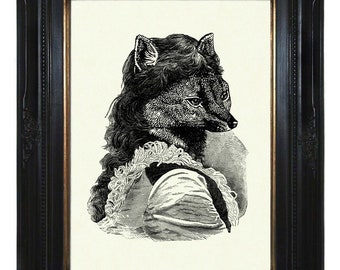 Vintage Lady Fox Victorian Woodland Portrait Cottagecore - Steampunk Art Print Portrait Vixen Animal Poster Shabby Chic