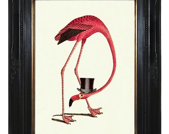 Oiseau flamant rose portant un chapeau haut de forme cottagecore shabby chic - victorien steampunk art impression poster gentleman décoration