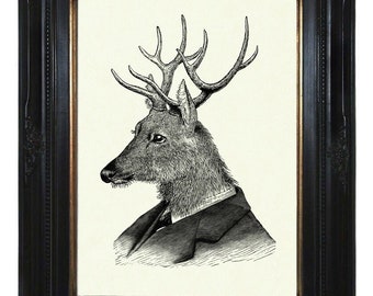Deer Gentleman Stag Portrait Antlers - Victorian Steampunk Art Print Frock Woodland Animal Poster