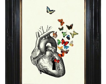 Anatomical Heart Butterflies Keyhole Love - Cottagecore Shabby Chic Victorian Steampunk Art Print Valentine's Day morbid Gothic Insects