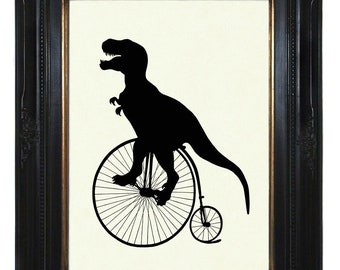 Silhouette Dinosaur Penny Farthing T-Rex Unicycle Bicycle Bike - Art Print Victorian Steampunk Tyrannosaurus Dino Poster Decoration