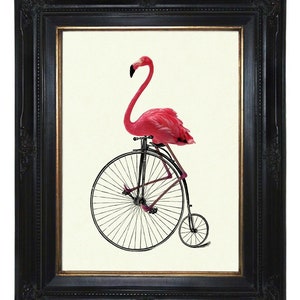 Pink Flamingo Bird Art Print riding Bike Unicycle Penny Farthing - Victorian Steampunk Poster Decoration Nursery Shabby Chic