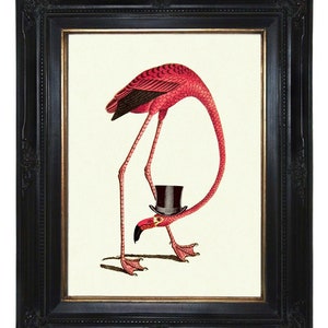 Pink Flamingo Bird wearing a Top Hat Cottagecore Shabby Chic - Victorian Steampunk Art Print Poster Gentleman Decoration