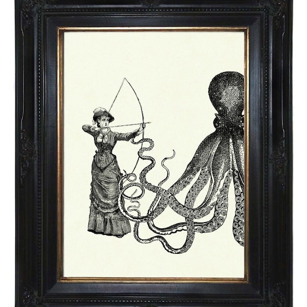 Octopus vs Victorian Lady Crossbow Kraken Tentacles Arrow Dress Hat - Dark Academia Steampunk Art Print Decoration