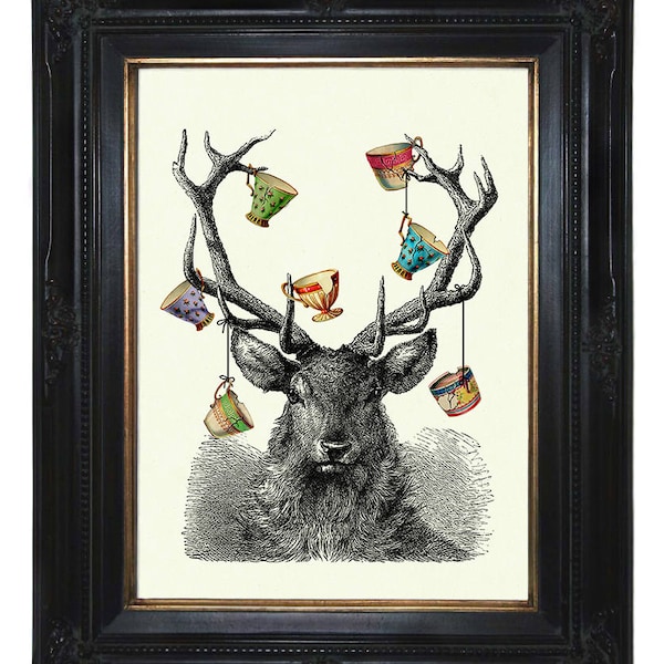 Deer Stag Antlers Tea Cups Teacups Hannibal Dark Academia Cottagecore - Victorian Steampunk Art Print Woodland Forest Surrealism Engraving
