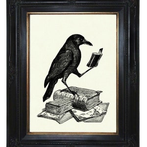 Halloween Raven Art Print Crow reading a Book Dark Academia Edgar Allan Poe - Victorian Steampunk Gothic Decoration