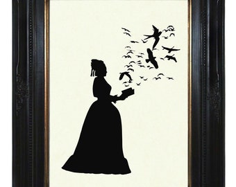 Dame mit Buch Druck Vögel Vogel Vogelschwarm Raben Krähen viktorianische Silhouette Kunstdruck Steampunk Scherenschnitt Frau