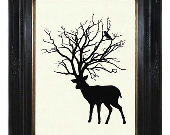 Silhouette cervo albero corna bosco corvo corvo - Cottagecore Dark Academia vittoriano Steampunk Art Print Poster