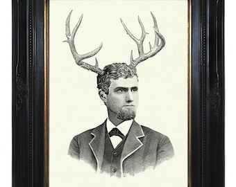 Vintage Gentleman with Antlers Deer Stag Portrait Frock - Dark Academia Victorian Steampunk Art Print Poster Decoration Surrealism