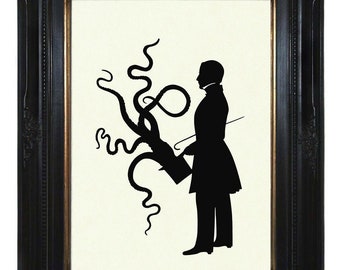 Gentleman Oktopus Steampunk Kraken Silhouette Kunstdruck Scherenschnitt Zylinder Hut Zauberer Magier Gehrock