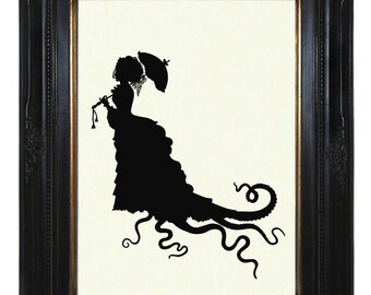 Silueta pulpo señora mujer tentáculos sombrilla paraguas vestido - Dark Academia Victorian Steampunk Kraken Art Print Poster Vintage