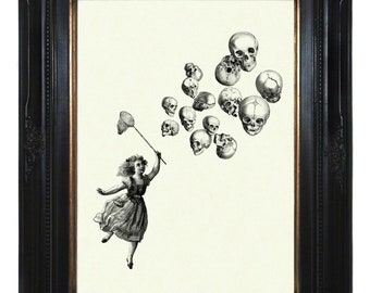 Halloween Girl Dark Academia Gothic Art Print Skull Balloons - Victorian Steampunk Skeleton Anatomy Morbid Taxidermy Bones