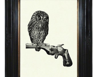 Owl Dark Academia Art Print sitting on Gun Revolver Branch - Gothic Victorian Steampunk Poster Wall Decoration Woodland Animal Bird