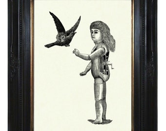 Steampunk Doll Mechanical Girl with Bird Raven Crow Robot Dark Academia - Victorian Art Print Android Surrealism Gothic Halloween