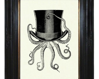 Poulpe Kraken chapeau haut de forme tentacules Gentleman - Dark Academia victorien Steampunk Art impression affiche décoration