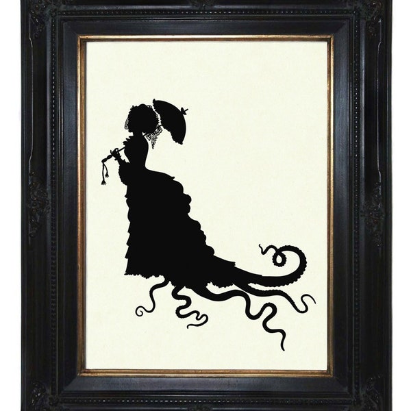 Silhouette Polpo Lady Donna Tentacoli Ombrello parasole Abito - Scuro Accademia vittoriana Steampunk Kraken Stampa artistica Poster Vintage