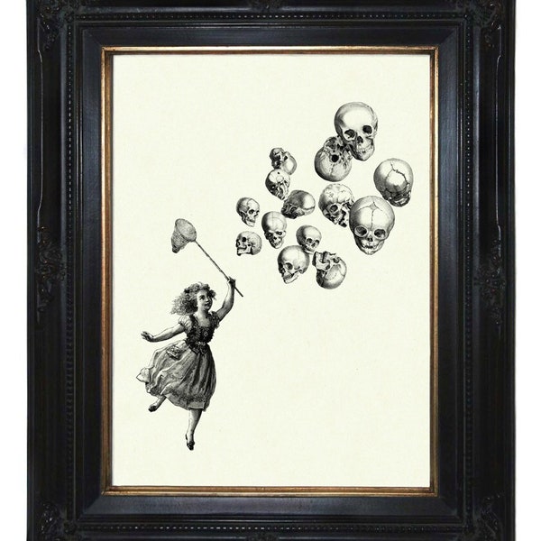 Halloween Girl Dark Academia Gothic Art Print Skull Balloons - Victorian Steampunk Skeleton Anatomy Morbid Taxidermy Bones