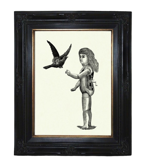 Steampunk Lalka Art Print Mechaniczna Dziewczyna Z Ptaka Kruka Crow Robot Wiktoriańskiej Druku Android Surrealizm