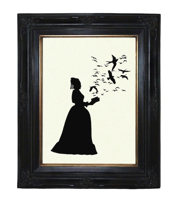 Silhouette Lady with Book Flock of Birds Dark Academia - Victorian Steampunk Art Print Raven Crows