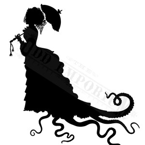 Silhouette Octopus Lady Woman Tentacles Parasol Umbrella Dress Dark Academia Victorian Steampunk Kraken Art Print Poster Vintage image 3