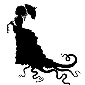 Silhouette Octopus Lady Woman Tentacles Parasol Umbrella Dress Dark Academia Victorian Steampunk Kraken Art Print Poster Vintage image 2