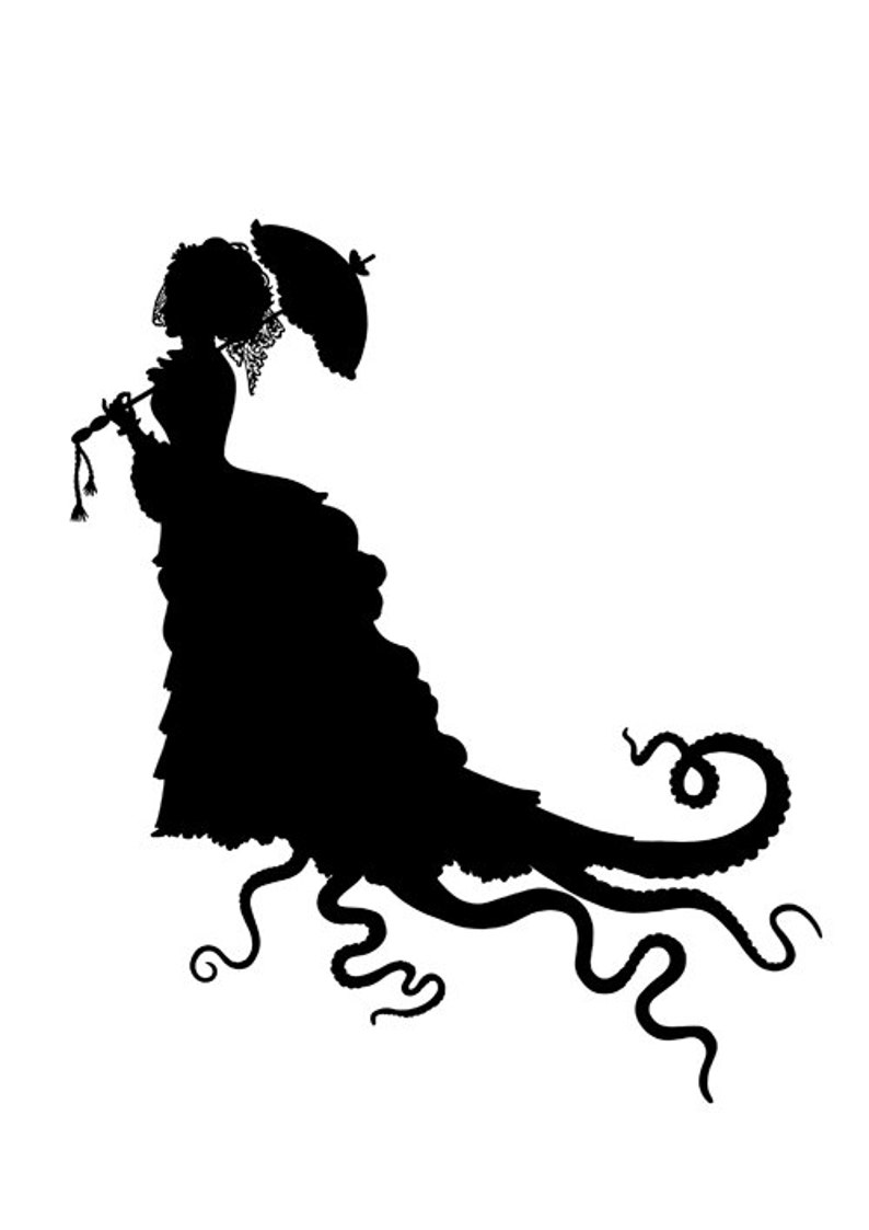 Silhouette Octopus Lady Woman Tentacles Parasol Umbrella Dress Dark Academia Victorian Steampunk Kraken Art Print Poster Vintage image 2