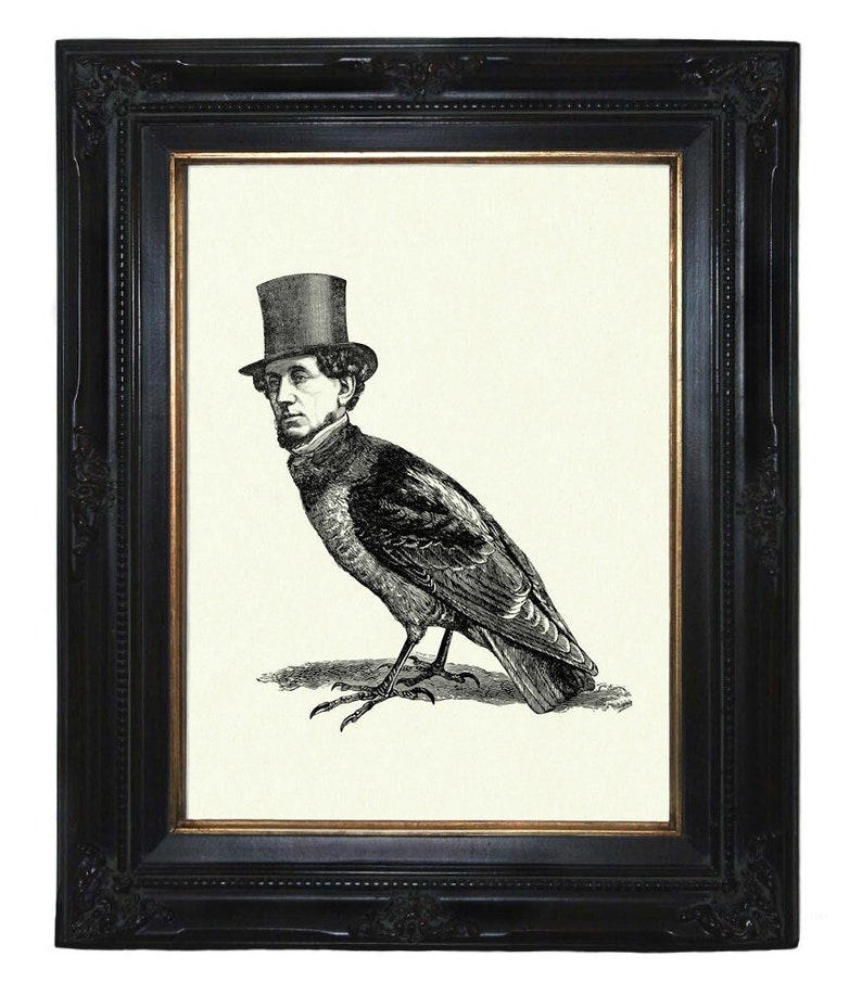 Gentleman Birdman with Top Hat Bird Raven Crow Cryptozoology Victorian Steampunk Art Print Halloween Surreal Poster image 1