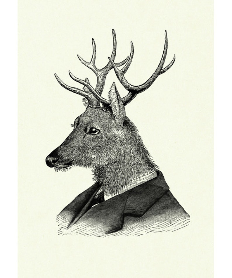 Deer Gentleman Stag Portrait Antlers Victorian Steampunk Art Print Frock Woodland Animal Poster image 2