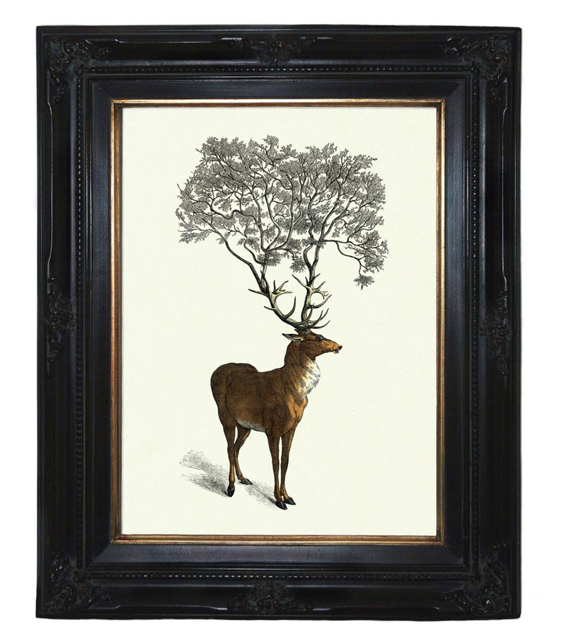 Deer Stag Hannibal Art Print Tree growing from Antlers Dark Academia Victorian Steampunk Woodland Forest Surrealism Poster Decoration image 1