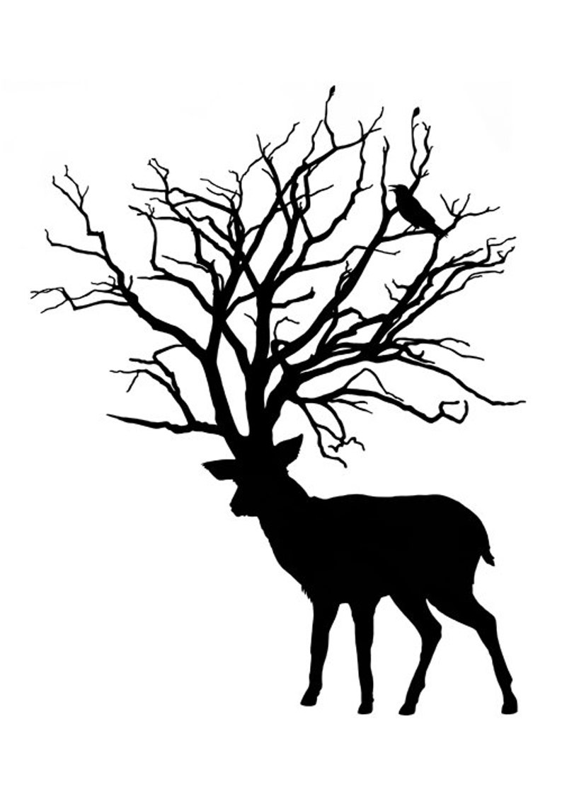 Silhouette Deer Stag Art Print Tree Antlers Woodland Raven Victorian ...