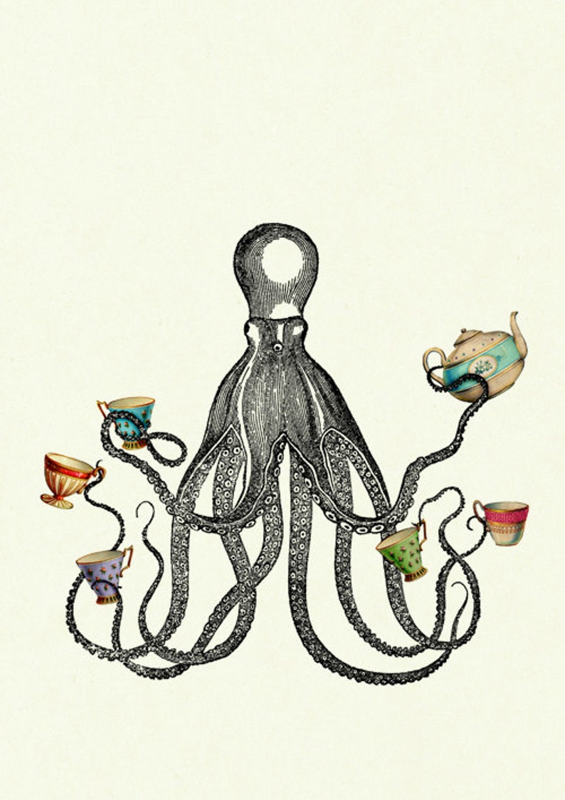 Octopus Kraken Tea Party Tasses Théière Tentacules Cottagecore Kitchen Impression artistique Steampunk victorienne image 2