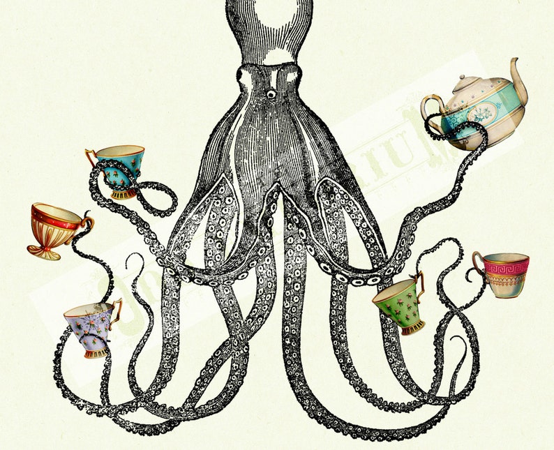 Octopus Kraken Tea Party Tasses Théière Tentacules Cottagecore Kitchen Impression artistique Steampunk victorienne image 3