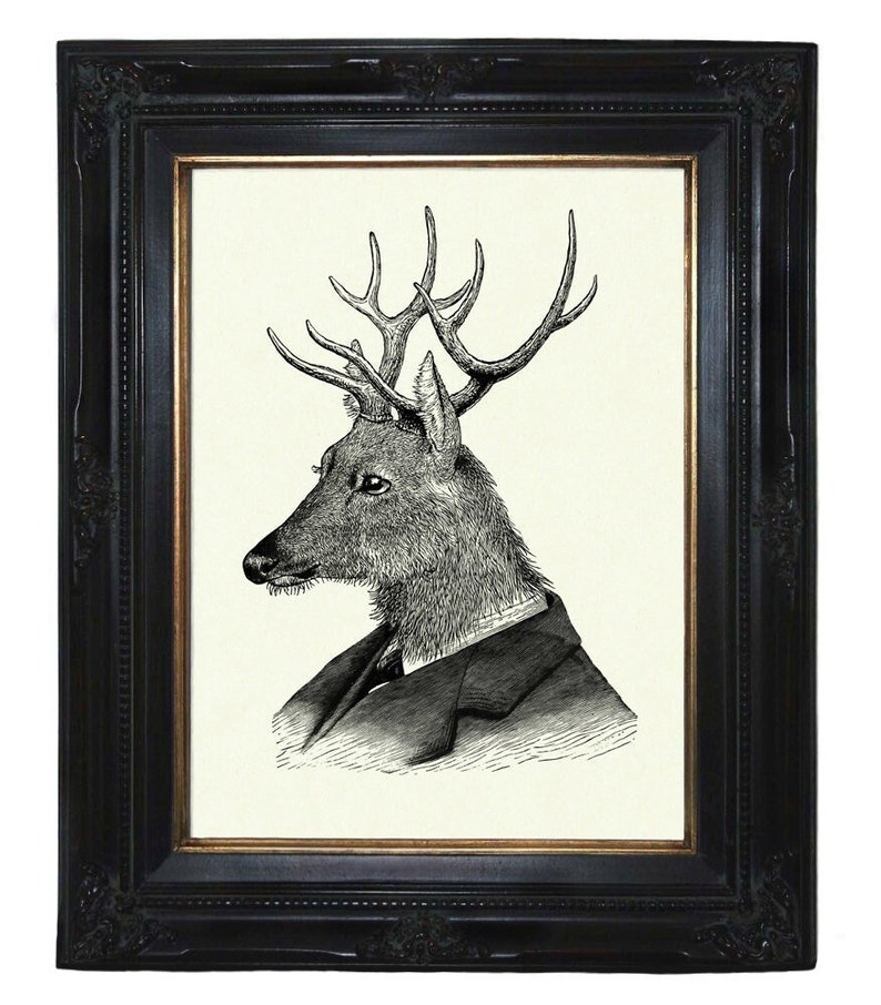 Deer Gentleman Stag Portrait Antlers Victorian Steampunk Art Print Frock Woodland Animal Poster image 1