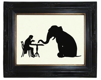 Art Print Silhouette Gentleman plays Chess with Elephant - Dark Academia Victorian Steampunk Art Print Poster Paper Cut Bridgerton