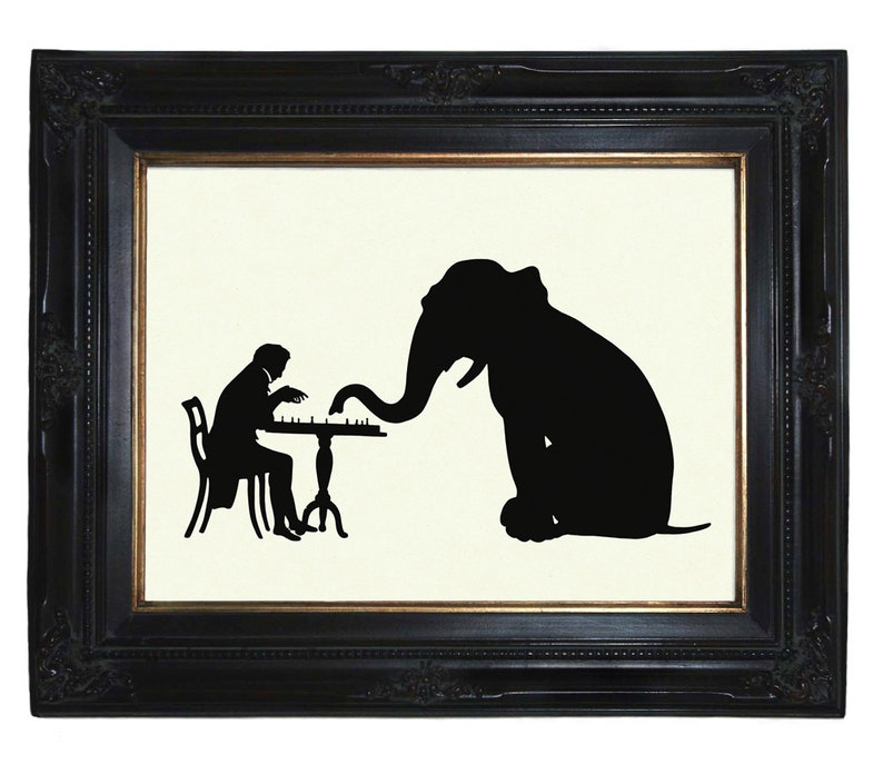 Mann Elefant Druck Schach Silhouette Kunstdruck Zirkus Gentleman Scherenschnitt Bild 1