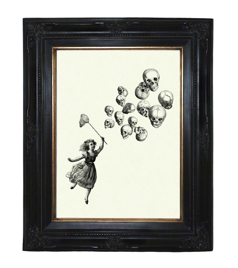 Mädchen Totenköpfe Totenkopf Druck Luftballons Kunstdruck Steampunk viktorianisch Gothic Totenschädel Skelett morbide Halloween Bild 1