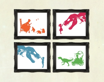 4 Kunstdrucke Set RABATT! Steampunk Silhouetten Scherenschnitt Dinosaurier T-Rex Elefanten Tiere Kinderzimmer bunt Farben