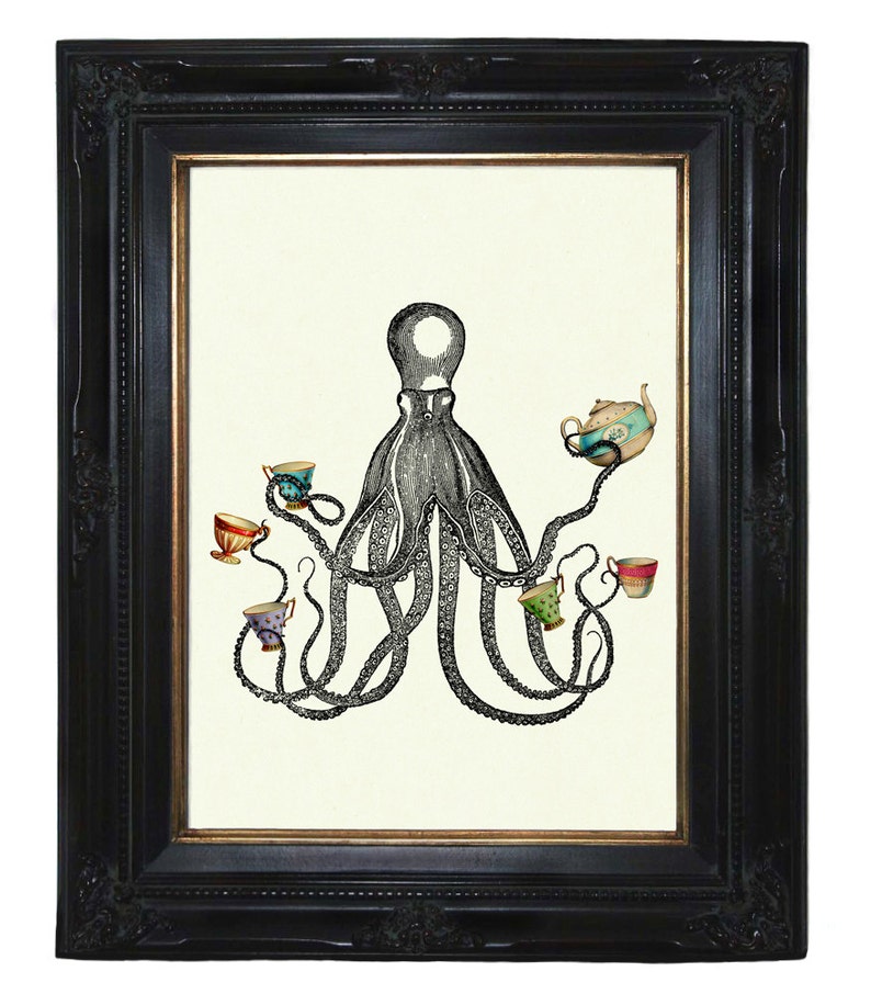 Octopus Kraken Tea Party Tasses Théière Tentacules Cottagecore Kitchen Impression artistique Steampunk victorienne image 1