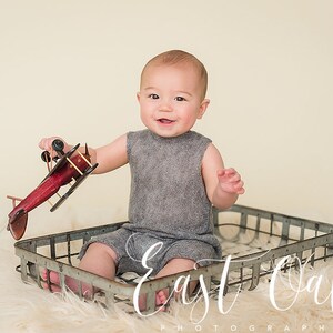photo prop sitter romper gray super stretchy shabby 6-9 month boy girl wooden buttons twine
