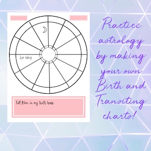 Pode incluir: Um modelo de carta astrológica imprimível com um círculo em branco dividido em 12 seções. O texto "Pratique a astrologia fazendo seus próprios mapas de nascimento e de trânsito!" está escrito em roxo no lado direito da página. Os textos "Les rising" e "Full Moon in my tenth house" estão escritos em preto na carta.
