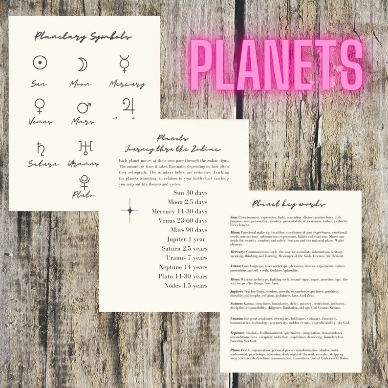 Op de afbeelding: Op een houten oppervlak worden drie bedrukte kaarten met astrologische symbolen en tekst weergegeven. Het woord "PLANETS" staat in roze 3D-letters. De kaarten geven informatie over planetaire symbolen, reizen door de dierenriem en sleutelwoorden.