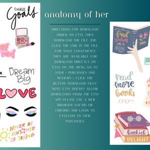 Op de afbeelding: Digitale kunstafdruk met de woorden "Chase Goals", "Dream Big" en "Love" in een handgeschreven lettertype. De afbeelding bevat ook een make-uppalet, wimpers en de tekst "Never be ashamed of trying".