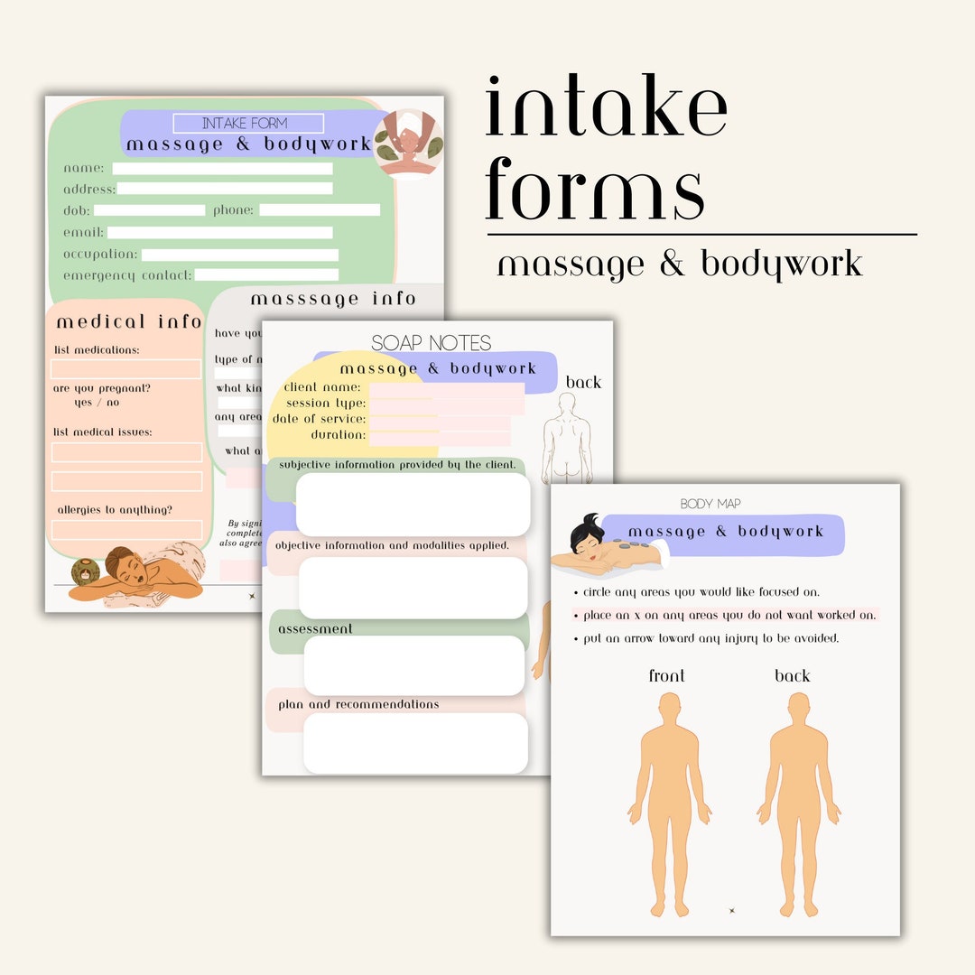 Massage Intake Form, SOAP Notes, Body Map, Printable Worksheets