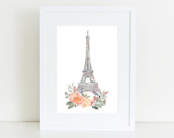 Paris Watercolor, Paris Eiffel Tower with Florals Watercolor Art Print, Paris Souvenir