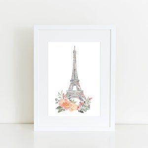 Paris Watercolor, Paris Eiffel Tower with Florals Watercolor Art Print, Paris Souvenir