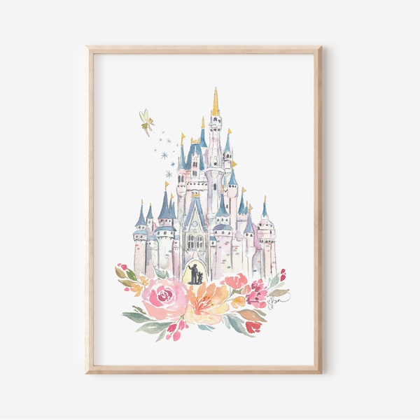 Disney World Print, Watercolor Print! Disney Castle, Princess Castle with Watercolor Florals, Disneyworld, Disney Print