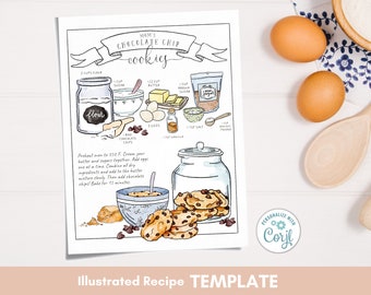 Recipes Custom Illustrated, Recipe Template, Ebook Recipes, Chocolate Chip Cookie Editable Download, Custom Painted Recipe, Recipes Card